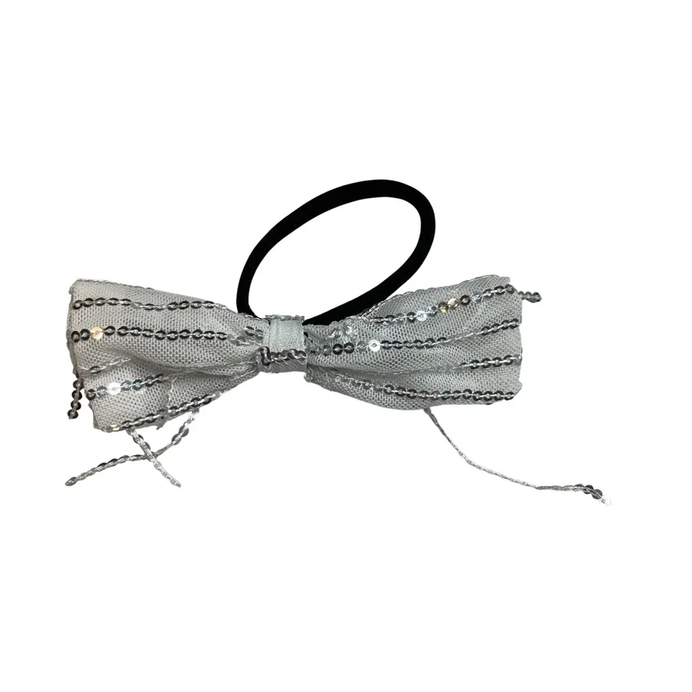 EXARUS Girls White Silver Sequin‎ Fringe Dress Feather Straps Size 14Y Hair Bow
